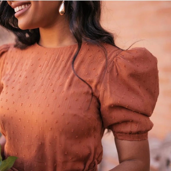 JessAkae Gable Mini Dress in Gingerbread w Blouson 1/2 sleeves. - Picture 3 of 8